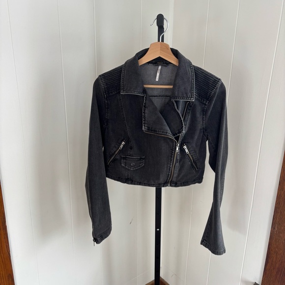 Free People James Dean Crop Moto Jacket Washed Black Womens Medium Cotton Blend - Picture 5 of 10